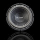 Op een zwarte achtergrond is een ronde, zwarte Gladen Aerospace Aero 10-subwoofer te zien, waarbij de conus en de rand goed zichtbaar zijn — ideaal voor hoogwaardige car-audio-installaties.