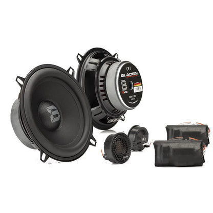 The Gladen Beta 130.2 2-way component set includes two speakers, tweeters, and crossovers—ideal as a car speaker set on a clean white background.