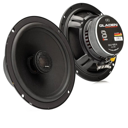 Two Gladen BETA 165-X speakers: one shows the cone and grille, the other displays its branded back with model info.