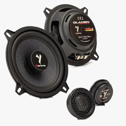 Four black Gladen Gamma 130.2 Slim speakers are shown front and back on a white background, with visible labels and connectors.