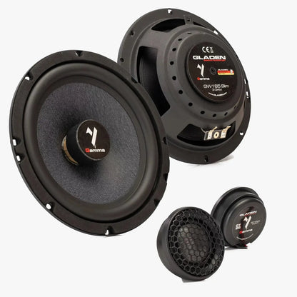 Two large Gladen Gamma 165.2 Slim speakers, a smaller round speaker, and a mesh-covered tweeter are shown on a white background.
