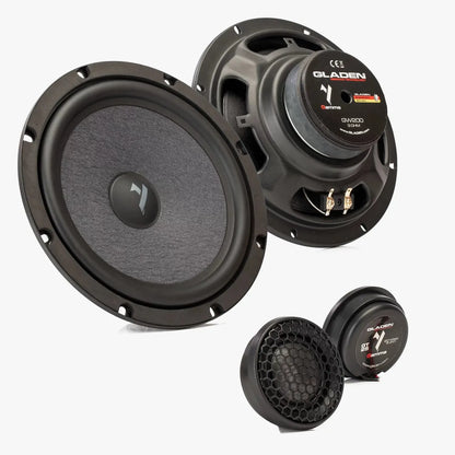 Two black Gladen Gamma 200.2 AC speakers and two smaller kickbass tweeters are shown against a white background.