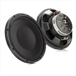 Twee zwarte Gladen GS12-Slim 12-subwoofers: één foto van voren met rooster, één foto van achteren waarop de aansluitklemmen en het GS12-Slim-logo te zien zijn.
