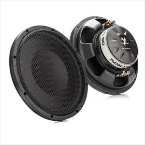 Two black Gladen GS12-Slim 12 subwoofers: one front view with grille, one rear view showing connection terminals and GS12-Slim branding.