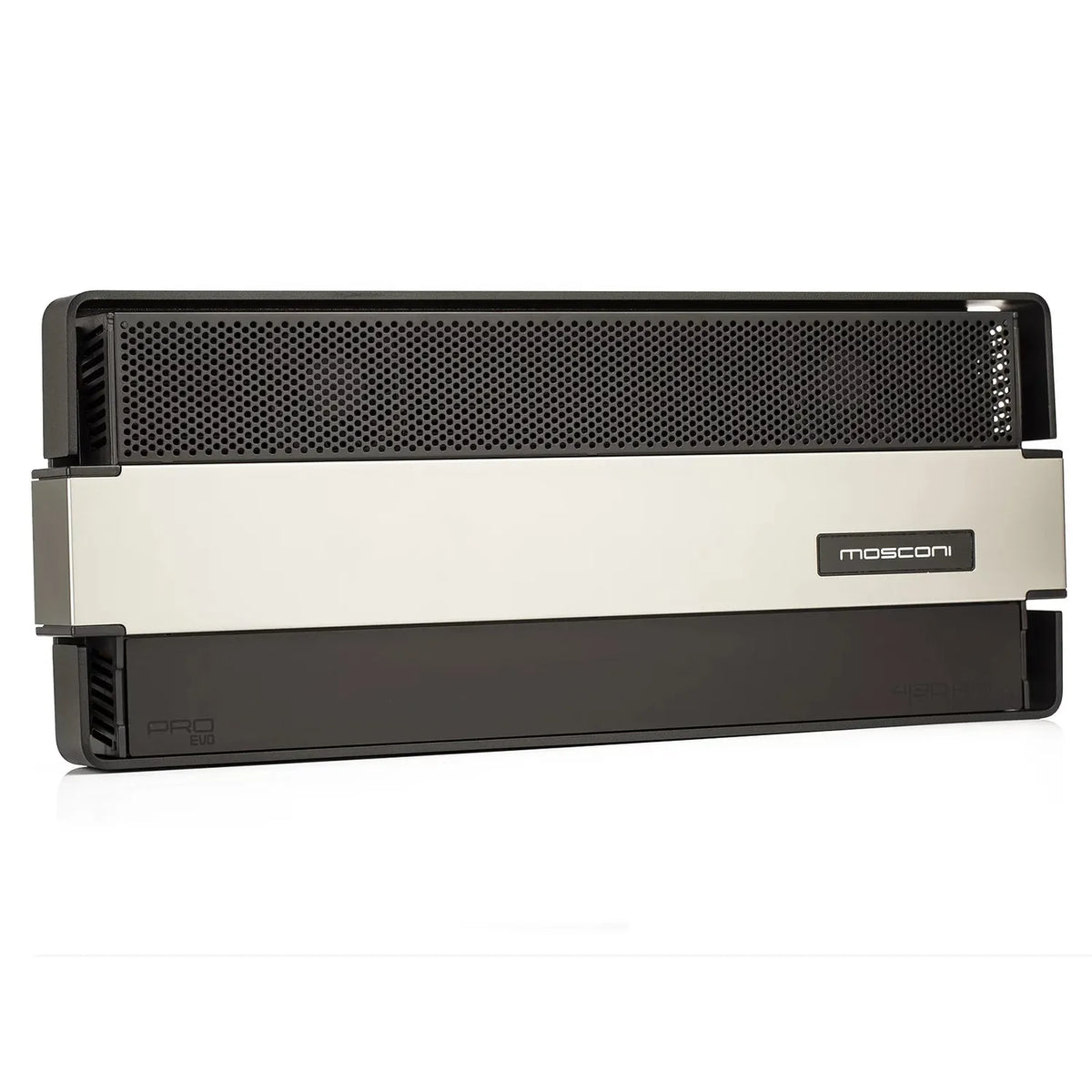 A black and silver Gladen Mosconi Pro 4|30 AAB EVO 4-channel amp with perforated grille and Mosconi logo, shown on a white background.
