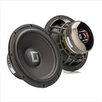 On voit ici deux caissons de basses Gladen Sigma 165 : lun dont le cône est visible, lautre présentant ses caractéristiques techniques et son circuit électronique. Idéaux pour les installations audio automobiles offrant des basses profondes.