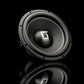 Een Gladen Sigma SSW12-subwoofer met een metallic zwarte afwerking staat op een glanzend zwart oppervlak, waardoor het ronde ontwerp en het logo goed tot hun recht komen.