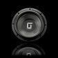 Een zwarte Gladen Sigma SSWX10-subwoofer met een gestructureerde conus en een groot G-logo, gefotografeerd tegen een zwarte achtergrond met een subtiele weerspiegeling.