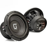 Twee Gladen Sigma SSWX10-subwoofers – één rechtopstaand, één schuin geplaatst – zorgen voor een krachtige geluidsweergave, ideaal voor elke car-audio-installatie.