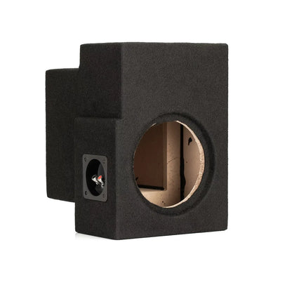 A black Gladen Subbox-Buz.2 subwoofer box with carpet finish, circular cutout, and exposed wiring terminal, shown on a white background.