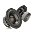 Zwei Gladen Zeta 08 Subwoofer zeigen sichtbare Konen und robusten Rahmen, liefern kraftvolle Bässe; einer frontal, der andere von Rück- und Seite auf weißem Hintergrund.