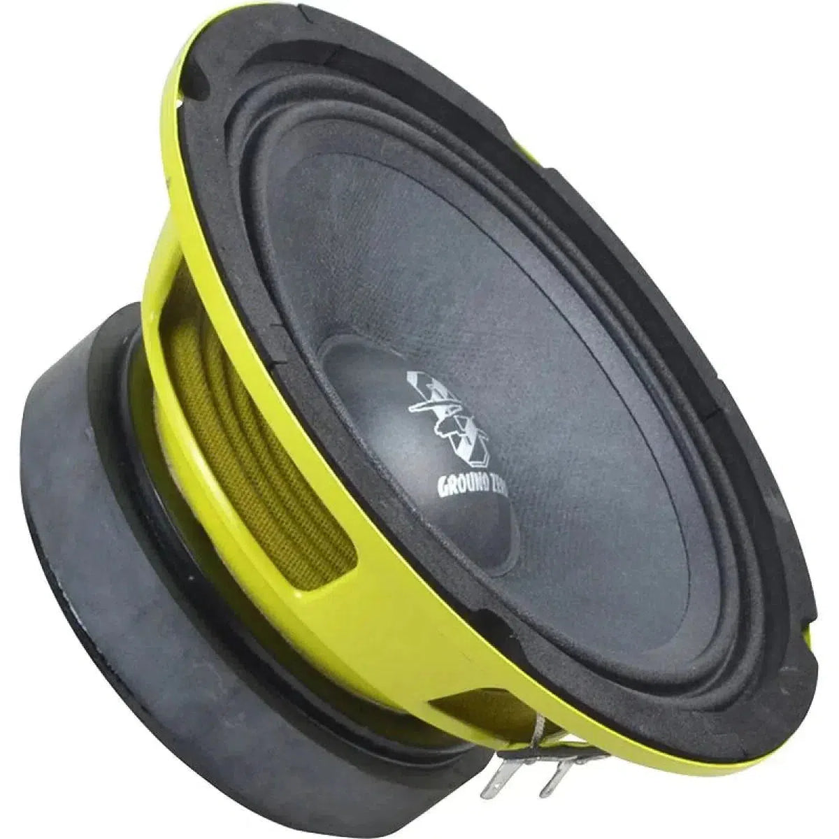 De Ground Zero Competition GZCK 165 XSPL is een zwart met gele 6,5 SPL subwoofer voor in de auto met zichtbare conus, surround, magneet en aansluitingen.