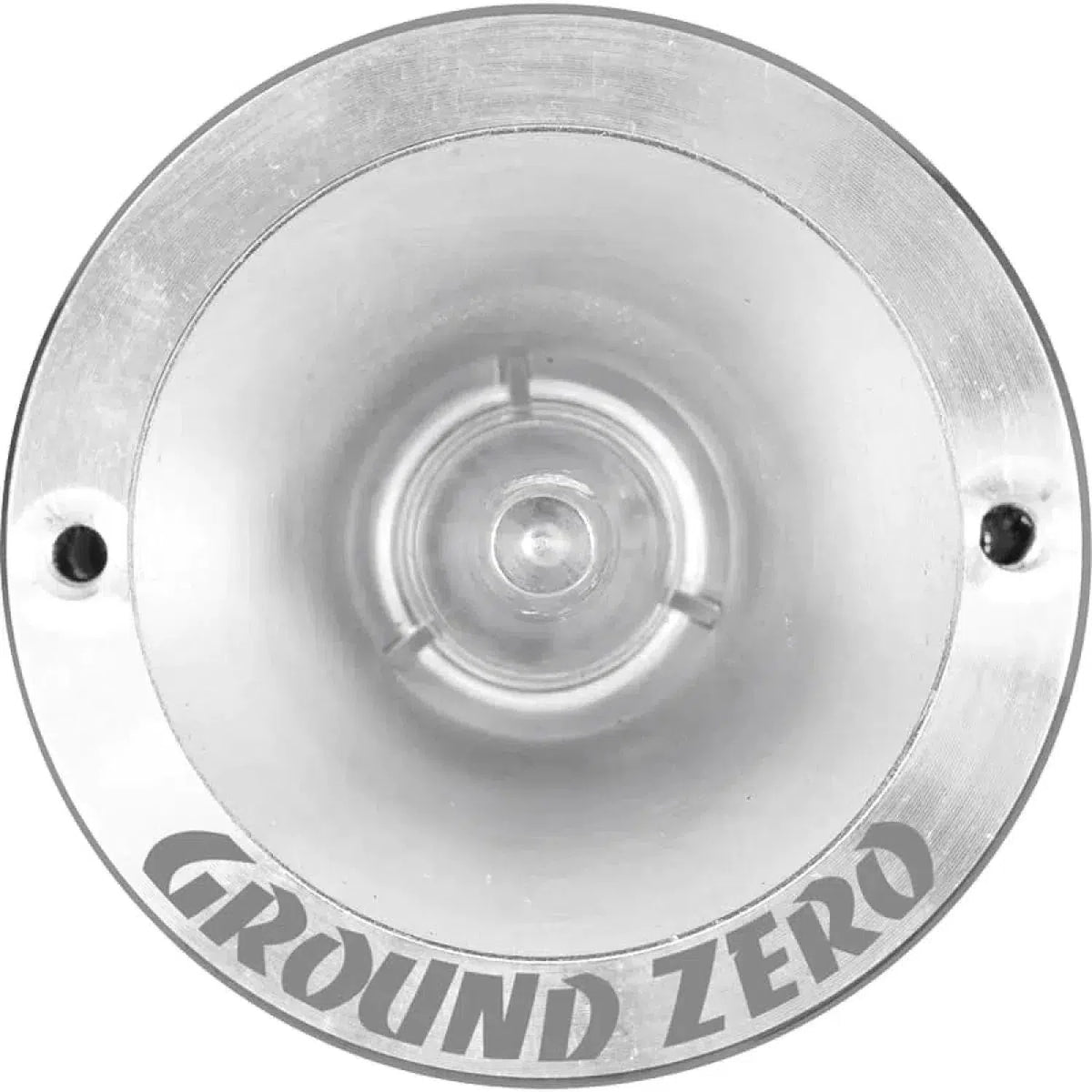 The Ground Zero Competition GZCT 0500X is a metallic, circular horn tweeter speaker with two screw holes and GROUND ZERO printed on its bottom edge.