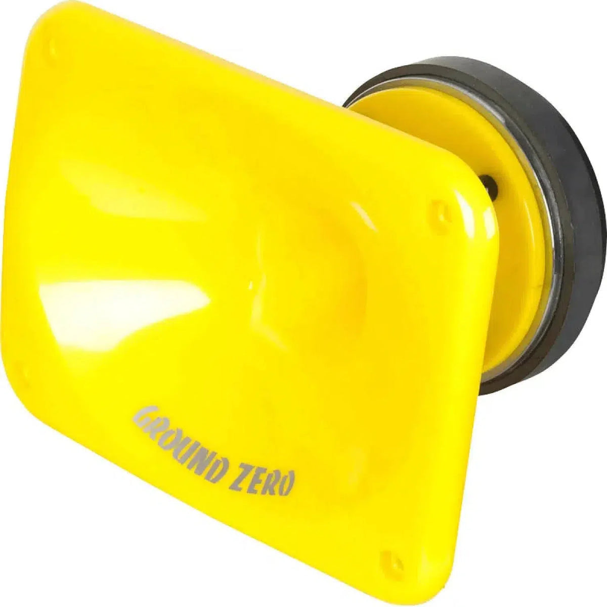 Een Ground Zero Competition GZCT 5000SPL gele car audiotweeter met Titankalotte en zwarte achterkant, getoond onder een hoek op een witte achtergrond.