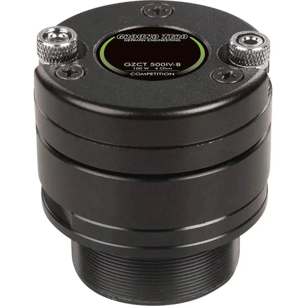 Een zwarte cilindervormige Ground Zero Competition GZCT 500IV-B supertweeter met metalen accenten en Competition-logo bovenop.