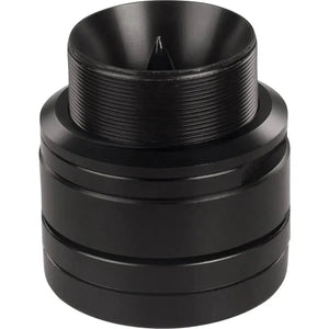 Un objet métallique cylindrique noir avec des rainures filetées et une ouverture conique, ressemblant au composant GZCT 500IV-B de Ground Zero Competition.