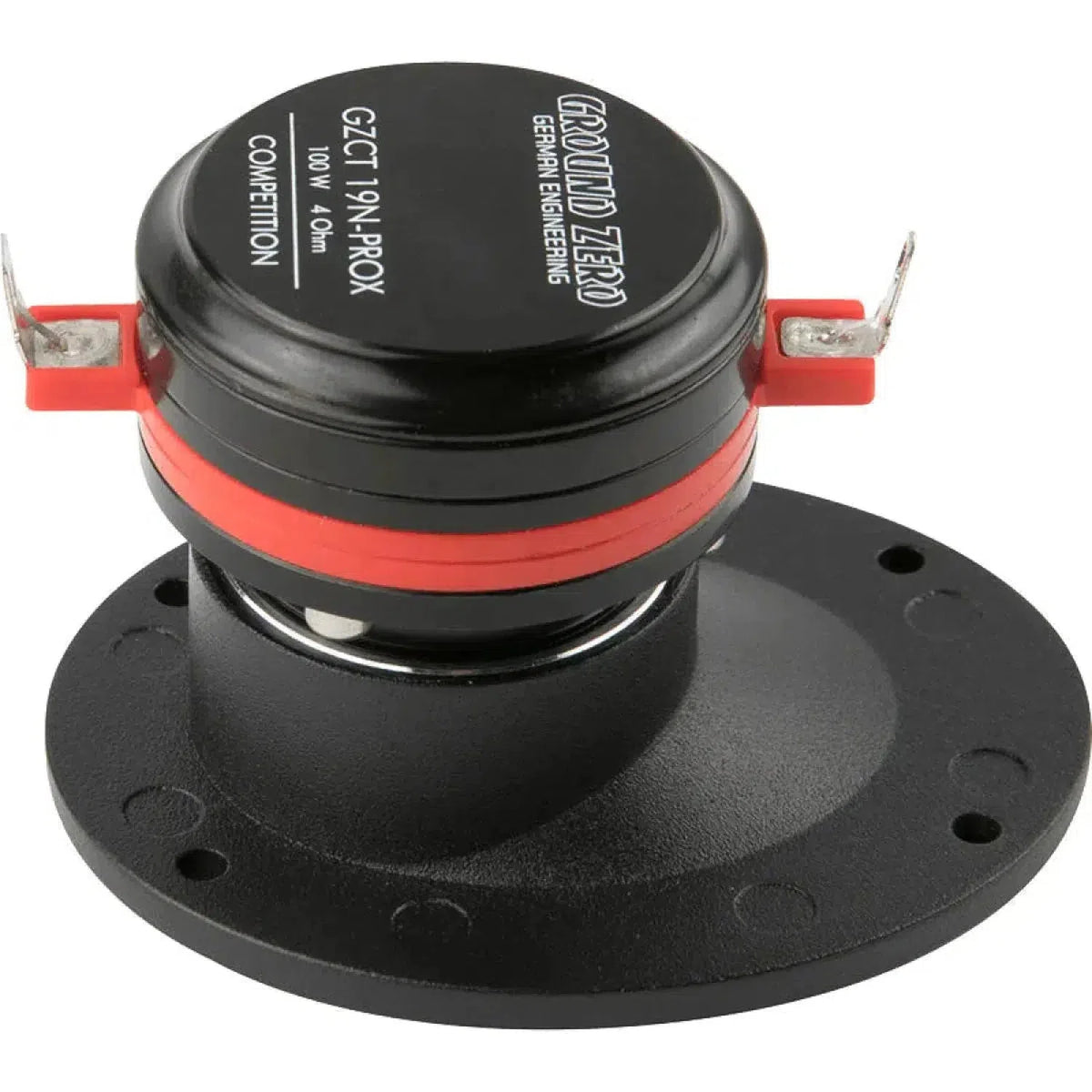 The Ground Zero Competition Pro GZCT 19N-PROX B is a black tweeter with red accents, metal terminals, and a round mounting plate with visible screw holes.