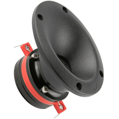 The Ground Zero Competition Pro GZCT 19N-PROX B is a black and red speaker driver with a flared rim and connector tabs—perfect as a Kompressions-Hochtöner.