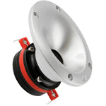 Gros plan sur lenceinte Ground Zero Competition Pro GZCT 19N-PROX S en aluminium argenté avec Neodymantrieb, base noire et rouge et trous de fixation visibles.