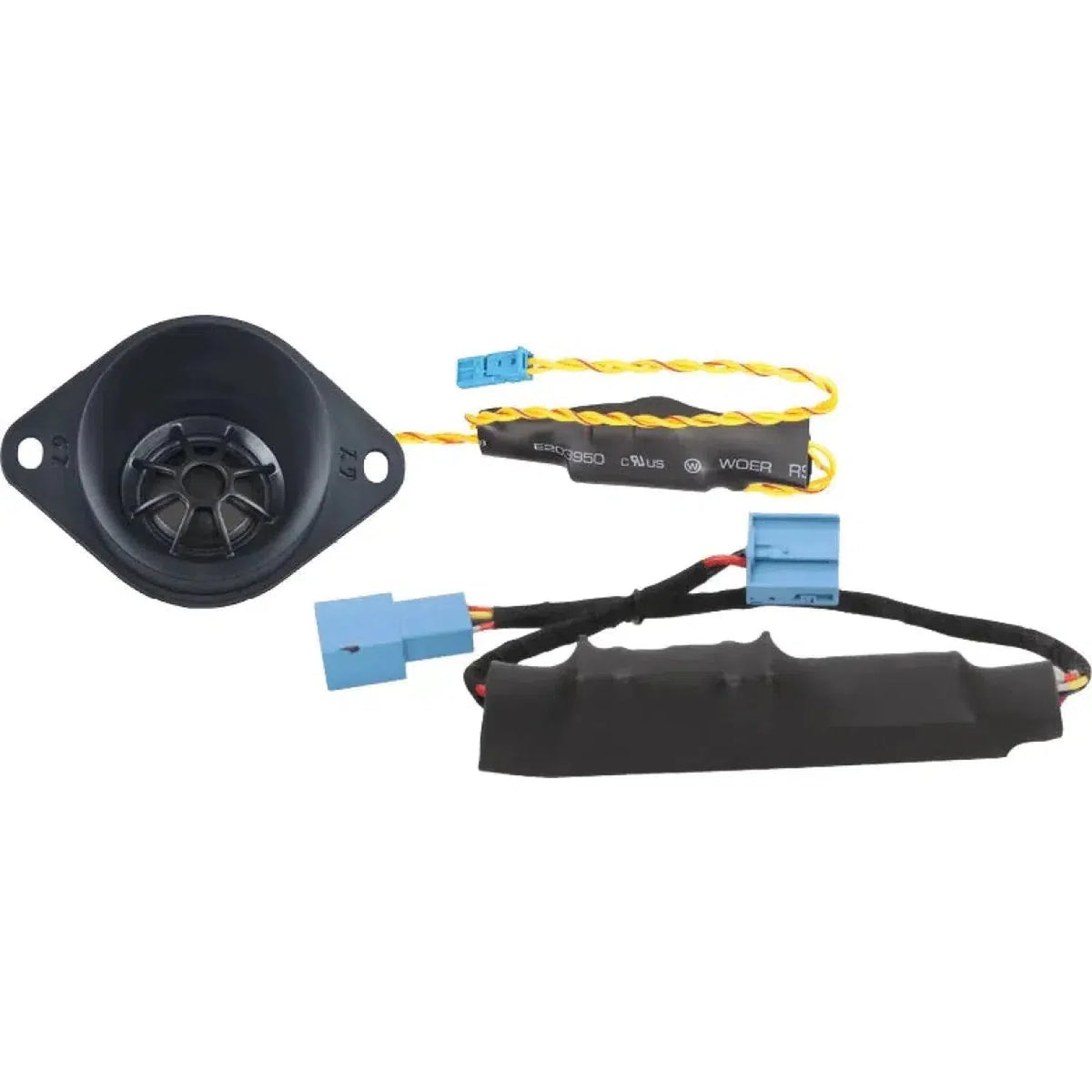 Premium 2-way car speaker system by Ground Zero GZCS 100BMW-SQ+D: small black speaker with mounting holes, yellow/black wires, blue connectors, wiring harness. Made in Germany.