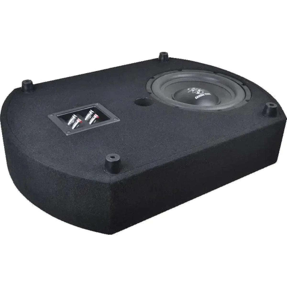 Le Ground Zero GZCS 10SUB est un subwoofer à boîtier noir doté de la technologie Downfire et dun haut-parleur rond, conçu pour une utilisation audio dans le compartiment de la roue de secours.