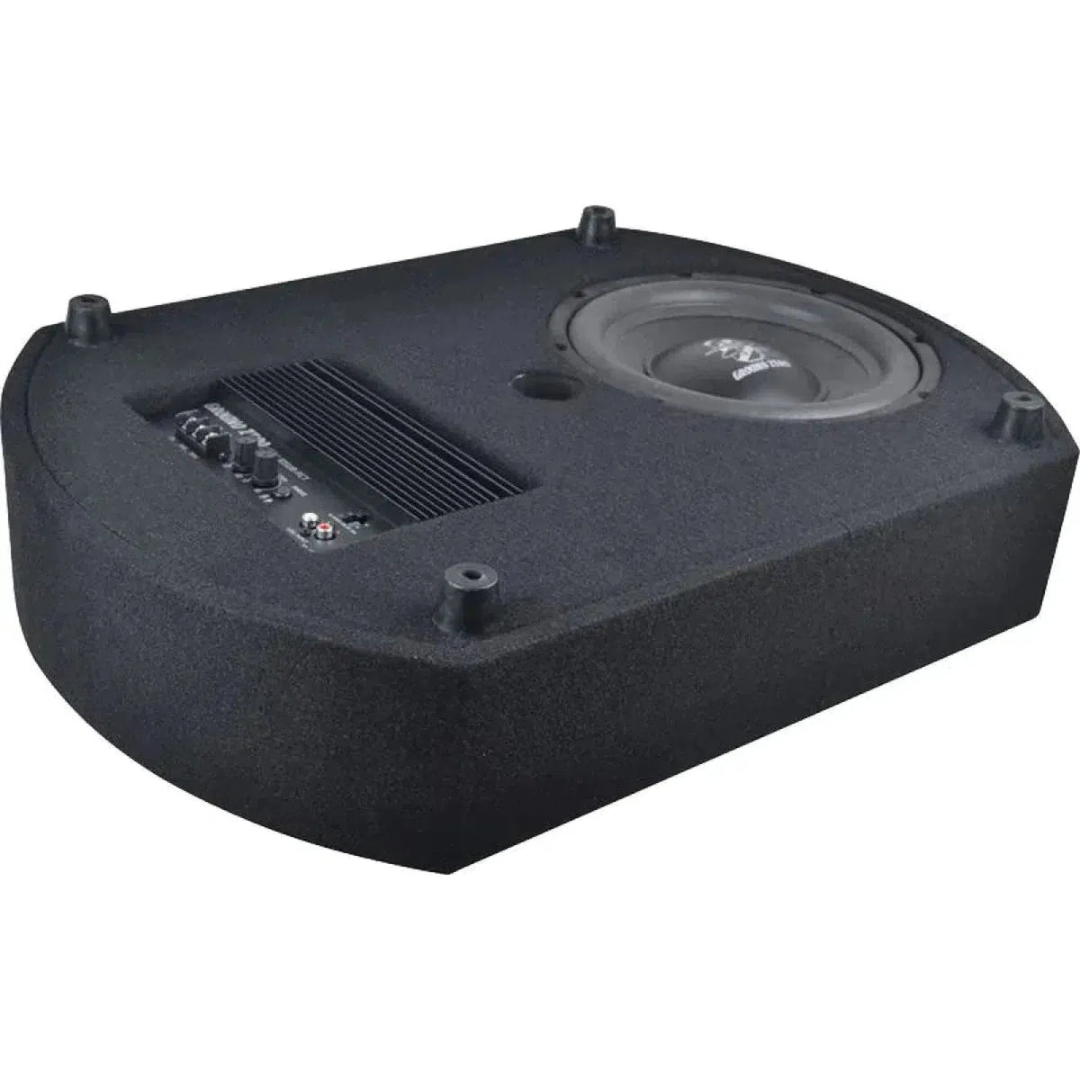 The Ground Zero GZCS 10SUB-ACT is a black 10 active subwoofer with built-in amplifier and control knobs for car audio, shown at an angle.