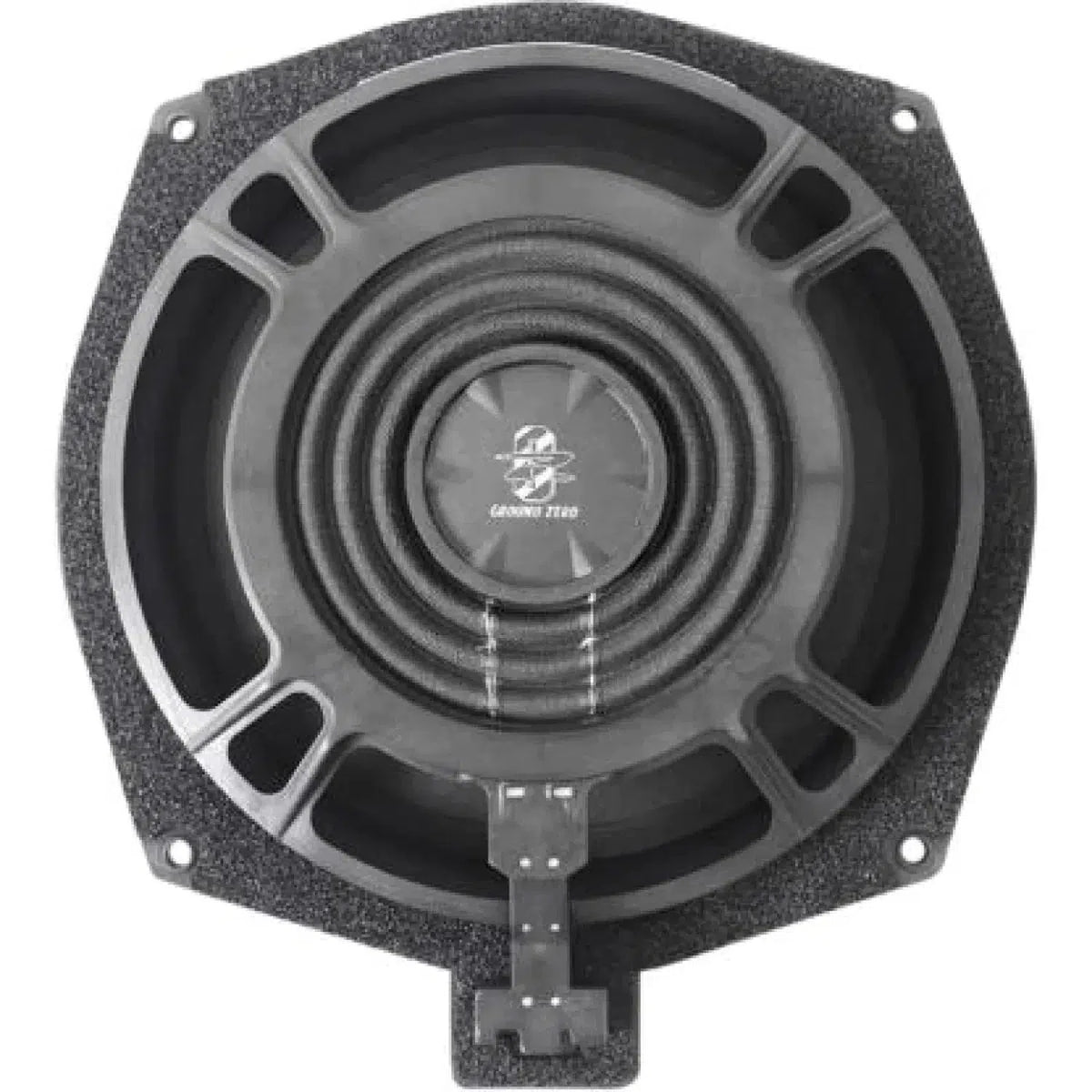 The Ground Zero GZCS 200BMW-SW4 is a black, round subwoofer with a textured rim and central logo, designed as a fahrzeugspezifischer Tieftöner.