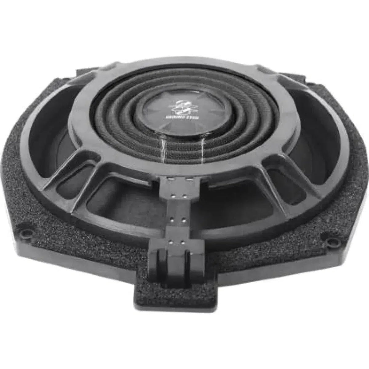 The Ground Zero GZCS 200BMW-SW4 is a round black BMW subwoofer with a hexagonal frame, foam edges, and a visible coil for precise bass.