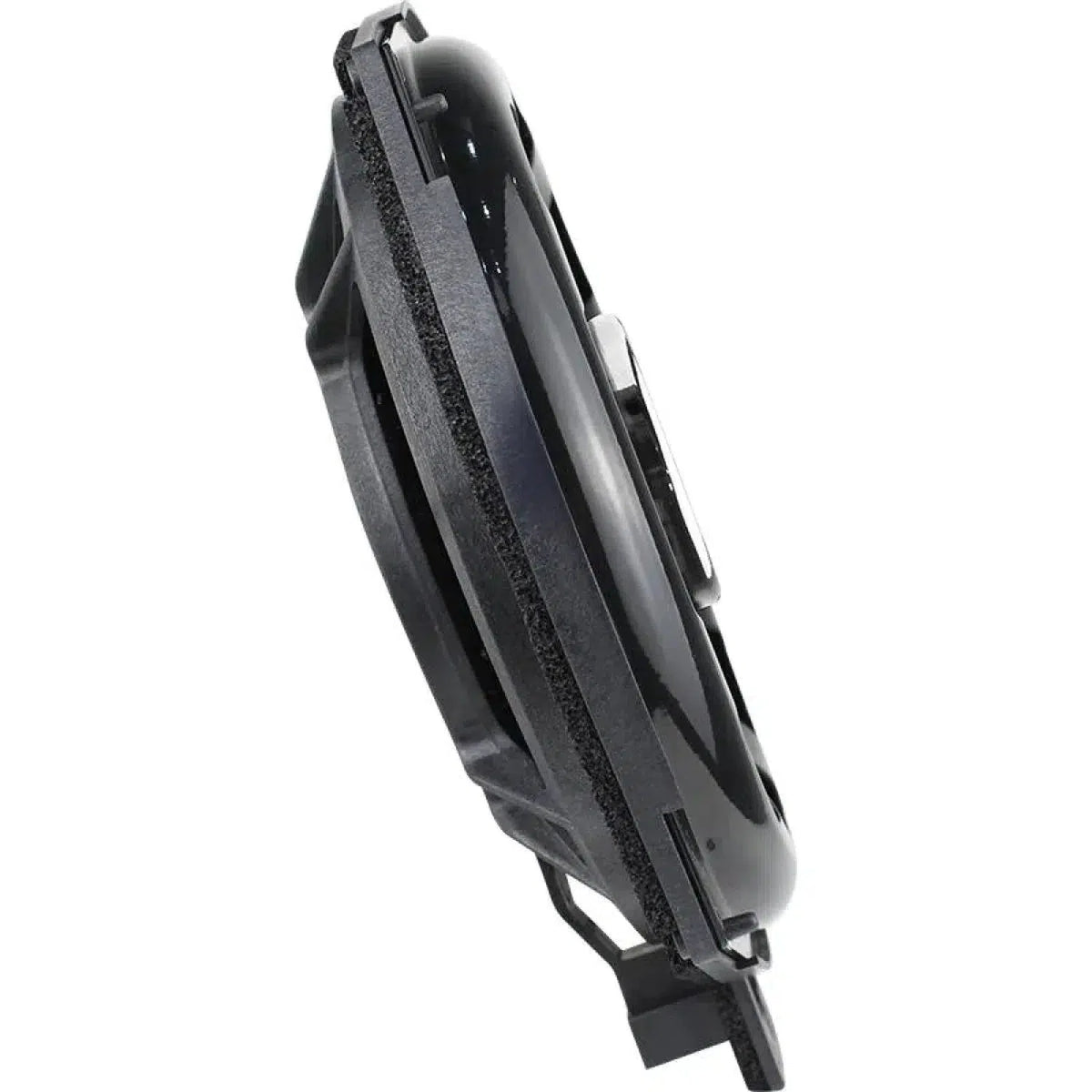 A close-up side view of the Ground Zero GZCS 200BMW-SW4 black round car subwoofer with a foam edge and mounting bracket visible.