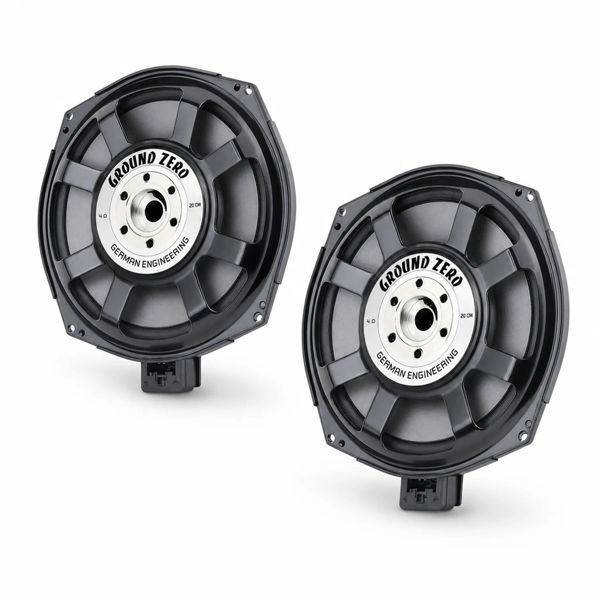 Due subwoofer Ground Zero GZCS 200BMW-SW4 neri con etichetta centrale argentata Ground Zero German Engineering su sfondo bianco.