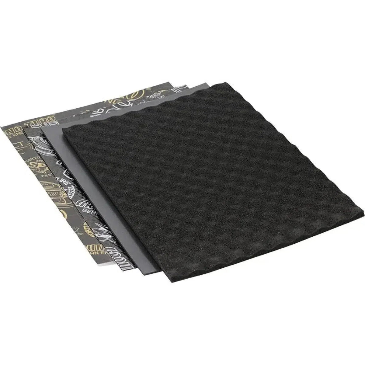 Drie rechthoekige platen uit de Ground Zero GZDM Doorkit Pro Set 16x37x50cm, inclusief zwart structuurschuim en twee Alubutyl matten.