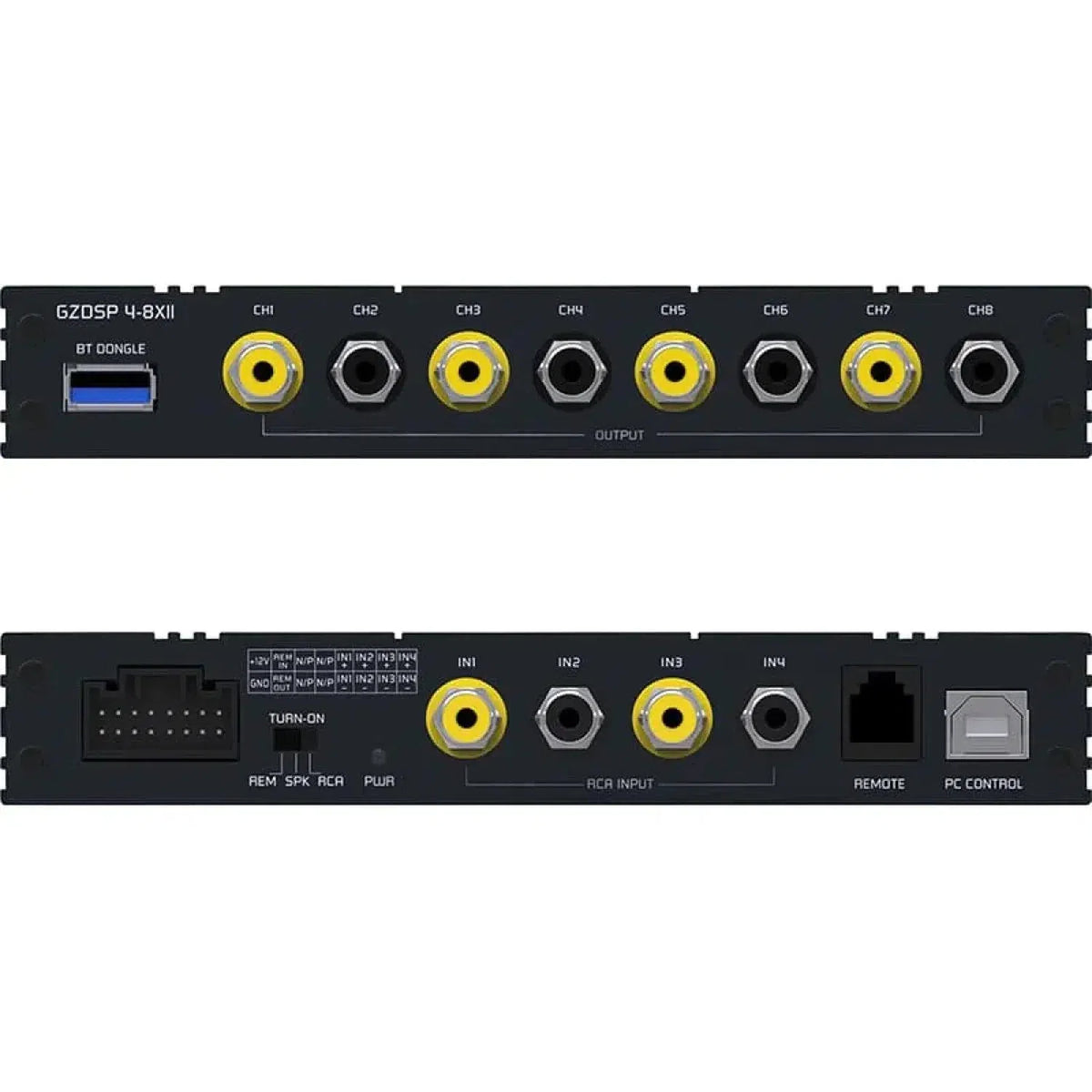 La vue arrière du Ground Zero GZDSP 4-8XII montre huit sorties, trois entrées, un dongle BT, des ports pour télécommande/PC et des connecteurs pour lalimentation et les haut-parleurs.