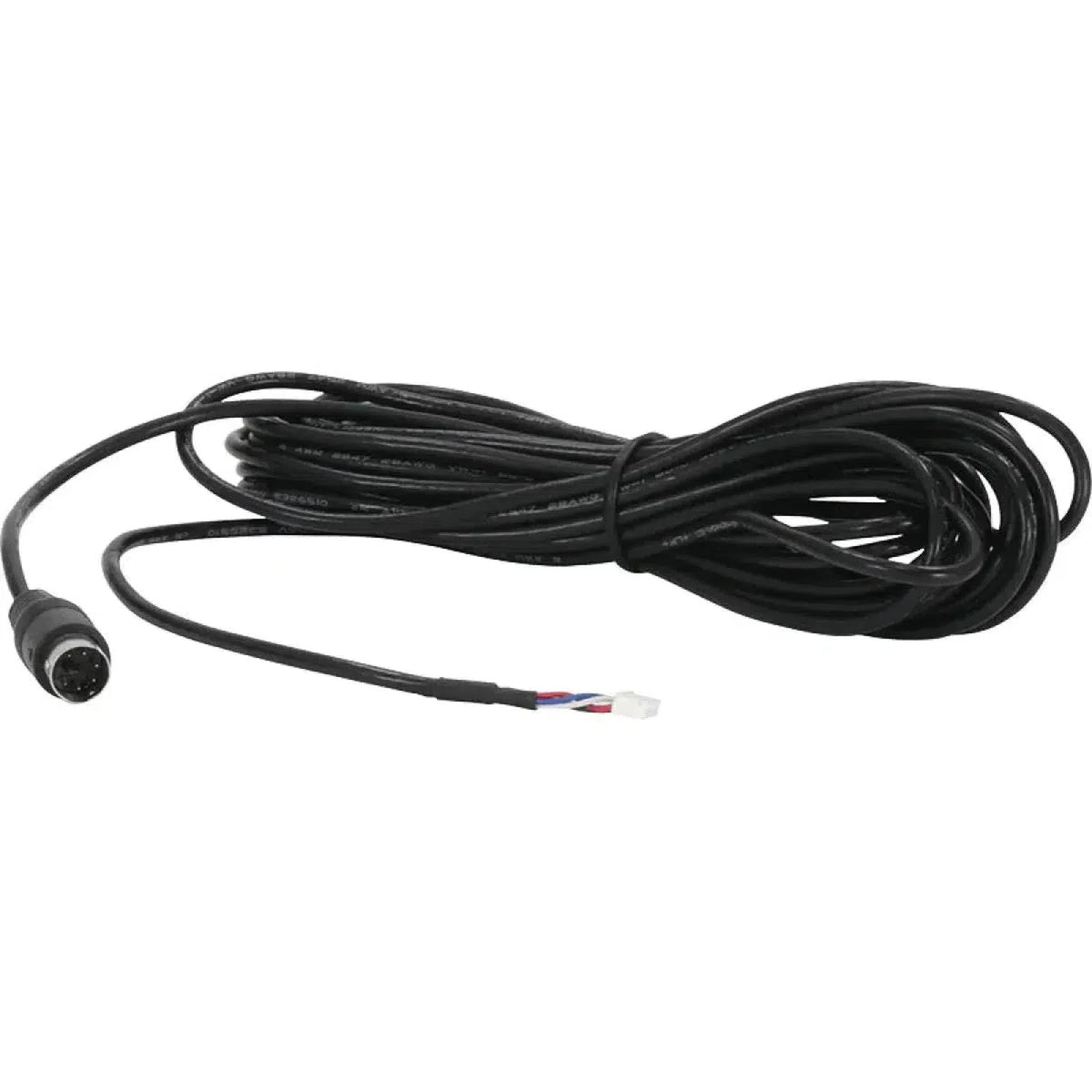 De GZDSP Remote PRO van Ground Zero is een lange zwarte kabel, ideaal DSP-accessoire, met een ronde connector en blootliggende gekleurde draden aan elk uiteinde, netjes opgerold.