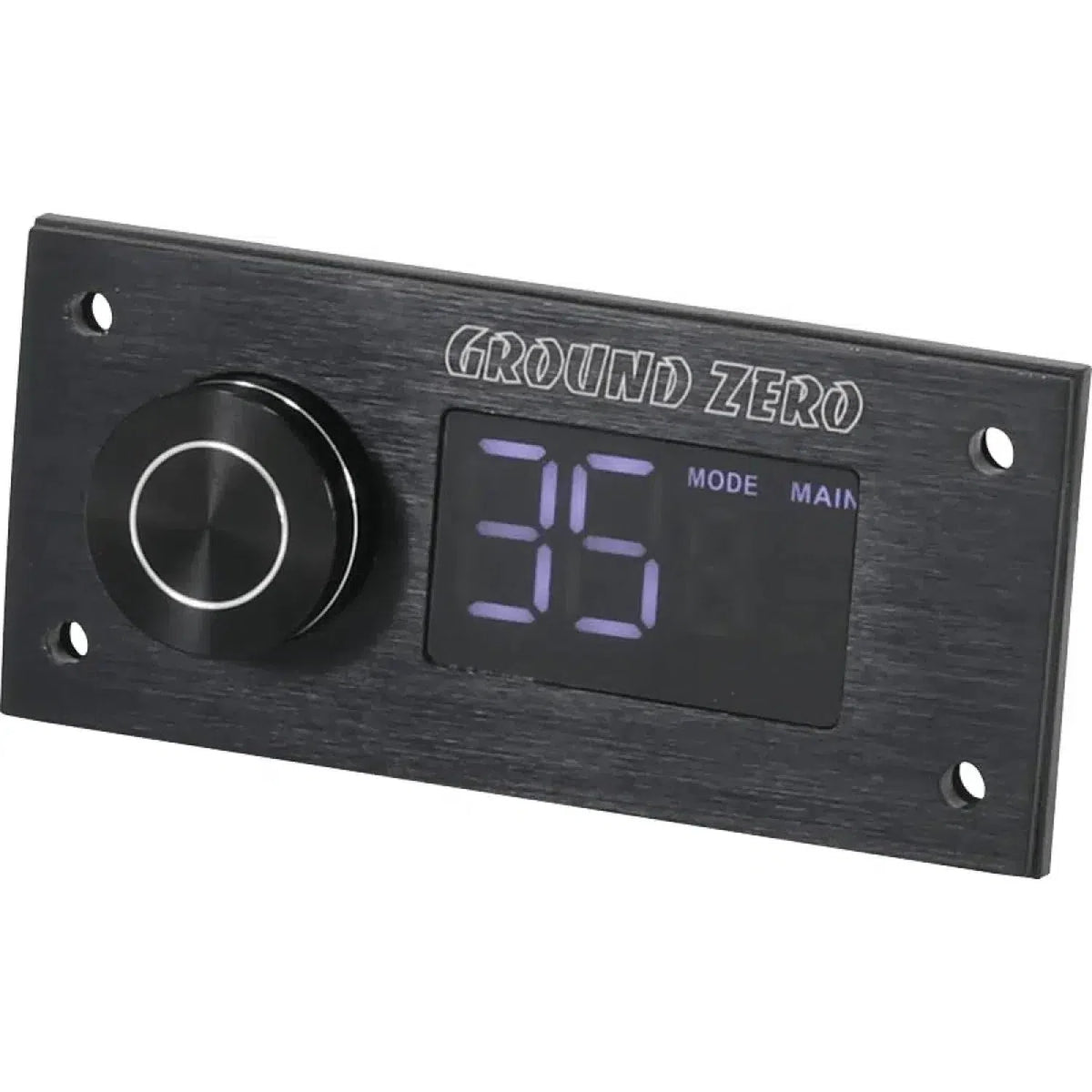 Le Ground Zero GZDSP Remote PRO est un panneau de contrôle audio rectangulaire noir avec un écran LCD, un gros bouton, une télécommande à câble et la mention Ground Zero sur le dessus.