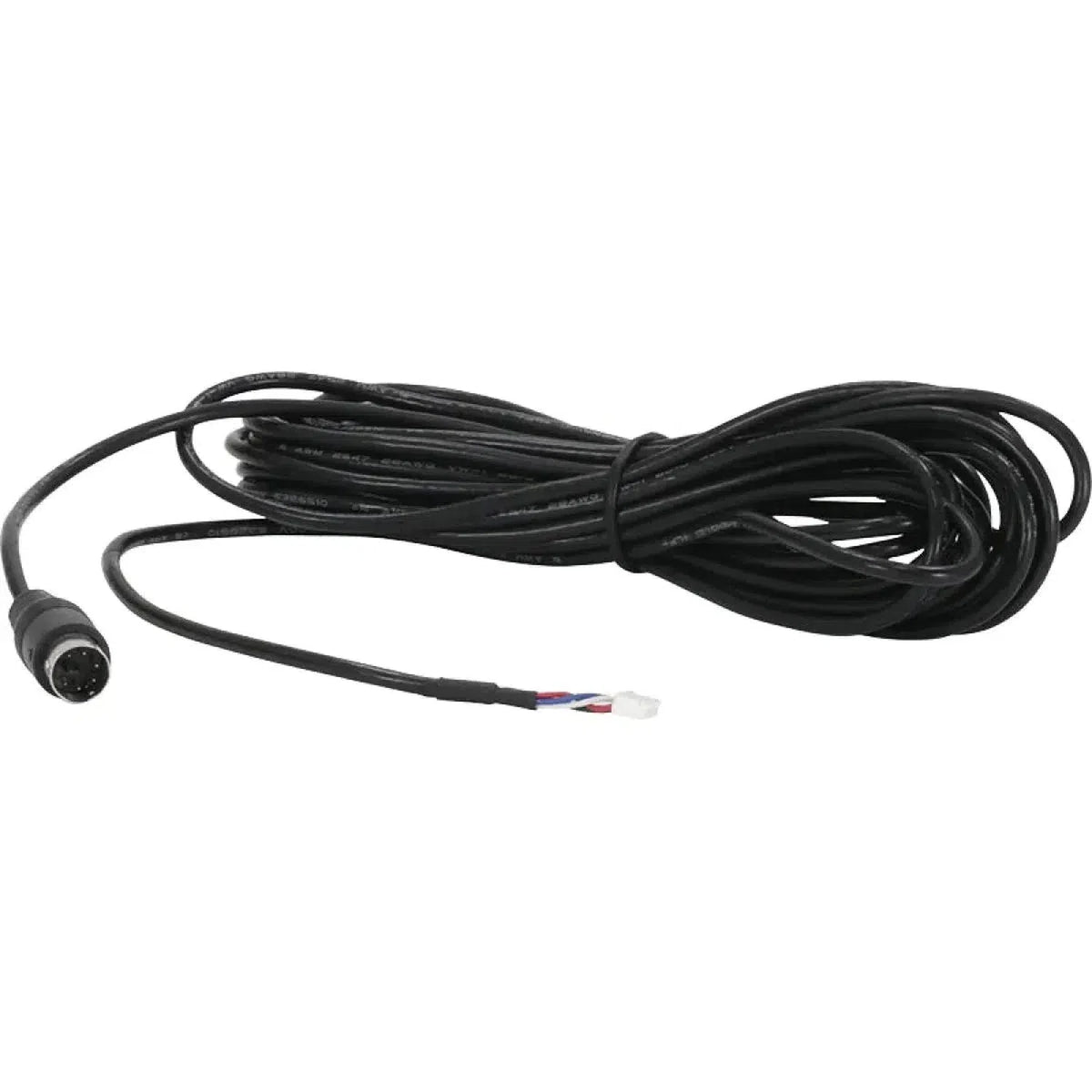 El cable Ground Zero GZDSP Remote PRO-X es largo, negro y en espiral, con un conector multipolo redondo y cables expuestos para la compatibilidad con GZDSP 6-8X PRO.