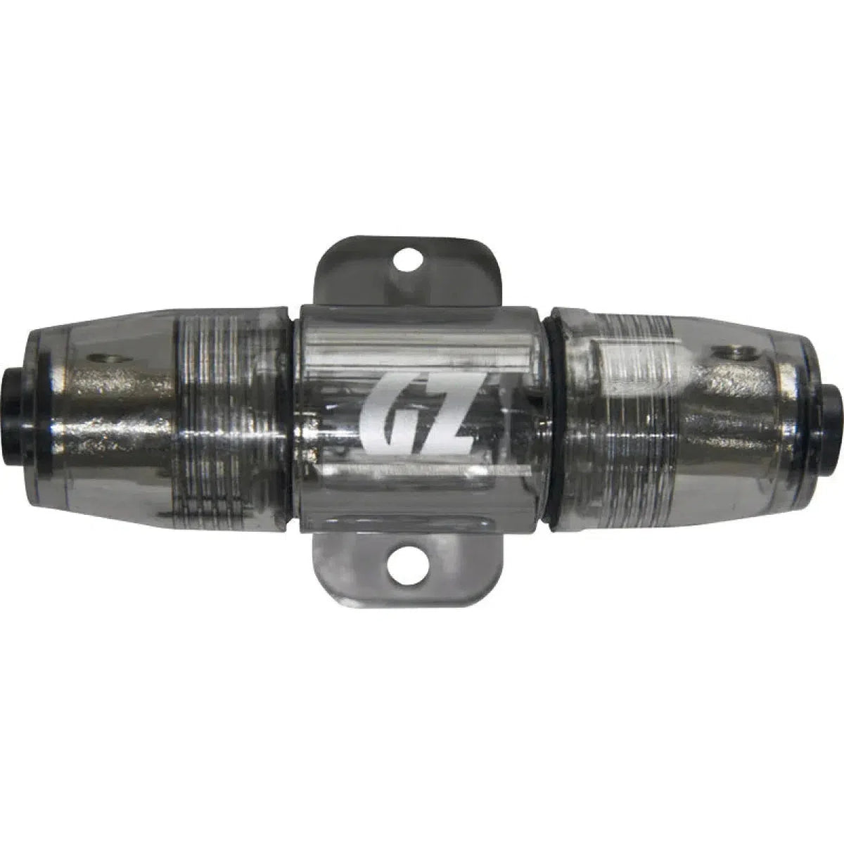 El Ground Zero GZFH 1.20 IL-MANL es un portafusibles Mini-ANL en línea transparente de 20 mm² con terminales metálicos, soporte de montaje y logotipo GZ lateral.