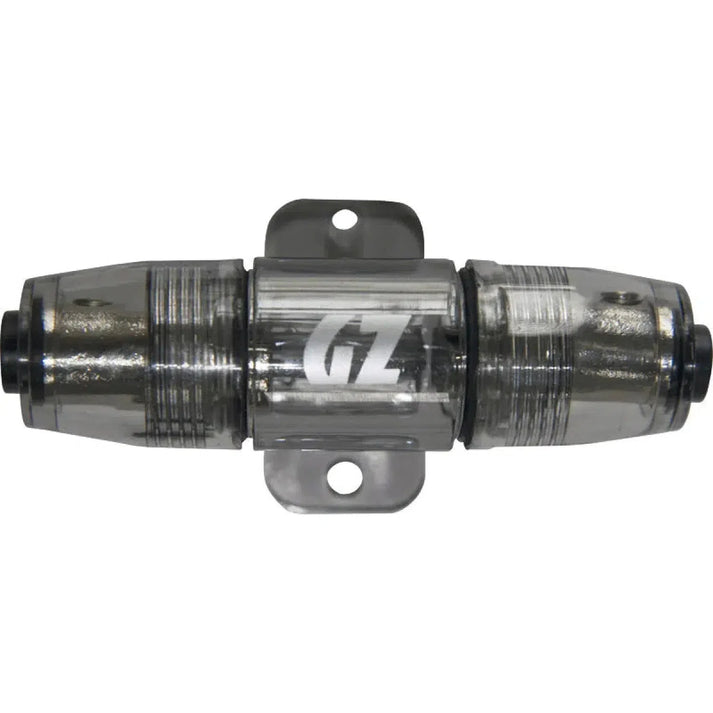 El Ground Zero GZFH 1.20 IL-MANL es un portafusibles Mini-ANL en línea transparente de 20 mm² con terminales metálicos, soporte de montaje y logotipo GZ lateral.