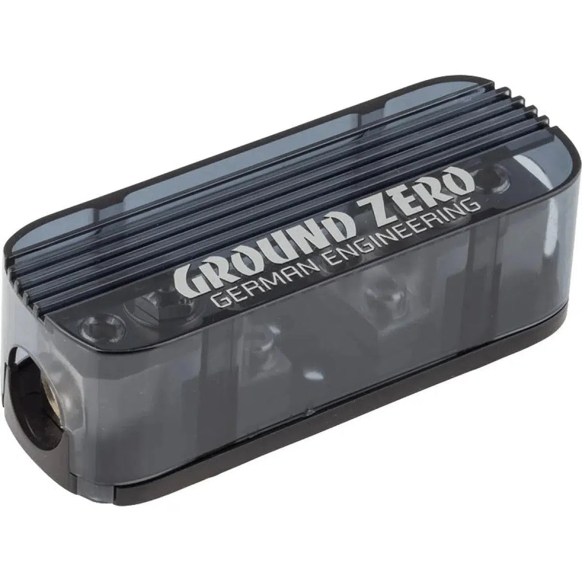 Il Ground Zero GZFH 1.20/1.20 MANL è un supporto nero e trasparente per cavi da 20 mm², ideale per i fusibili ANL, con la scritta GROUND ZERO GERMAN ENGINEERING sulla parte superiore.