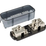 De Ground Zero GZFH 1.50/2.20 ANL/MANL zekeringhouder toont 50 mm² ingang, metalen klemmen en schroefaansluitingen op een zwarte basis met de transparante afdekking verwijderd.