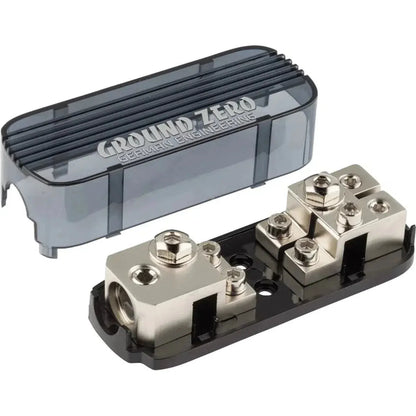 De Ground Zero GZFH 1.50/2.20 ANL/MANL zekeringhouder toont 50 mm² ingang, metalen klemmen en schroefaansluitingen op een zwarte basis met de transparante afdekking verwijderd.