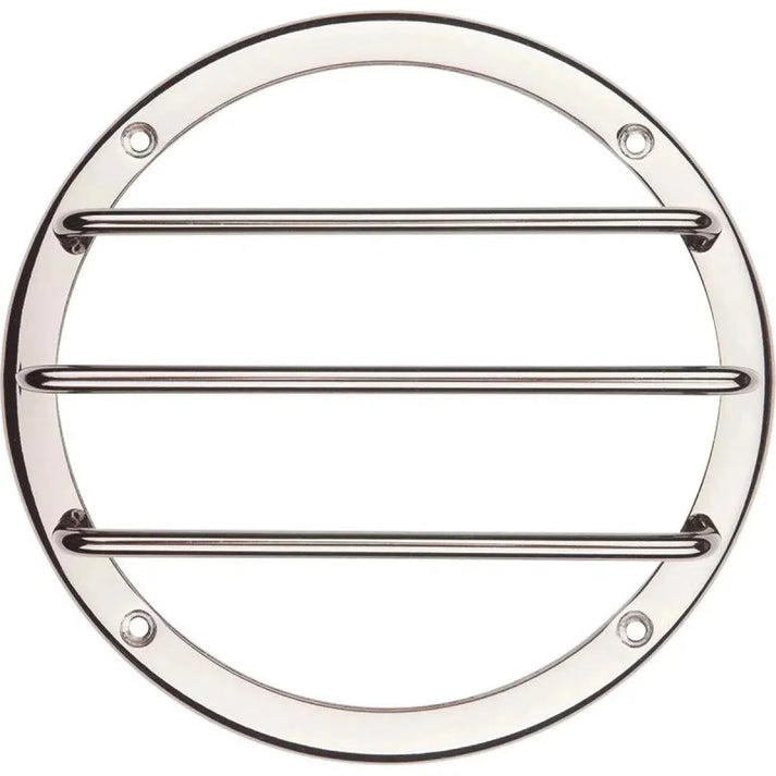 The Ground Zero GZMG 165 / 6.5 is a round, chrome stainless steel speaker grill with three horizontal bars and four screw holes for 6.5 speakers.