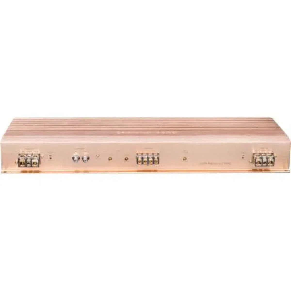 De Ground Zero GZPA Reference 2PURE is een goudkleurige 2-kanaals autoradioversterker met bedieningselementen op het voorpaneel en meerdere aansluitklemmen, afgebeeld vanaf de voorkant.