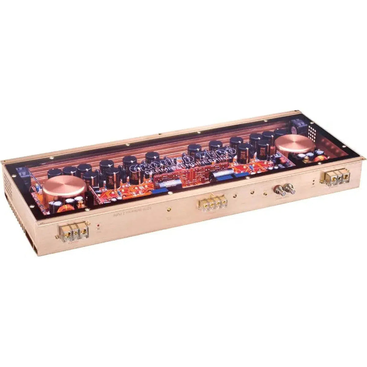 De Ground Zero GZPA Reference 2PURE is een rechthoekige, goudkleurige 2-kanaals versterker met zichtbare internals en Class AB tech, met condensatoren en transistors.