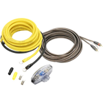 El Ground Zero GZPK 10X-II incluye un cable en espiral amarillo/marrón de 10 mm² con conectores, soporte Mini-ANL, fusible, tapones y cable RCA estéreo para audio de automóvil.
