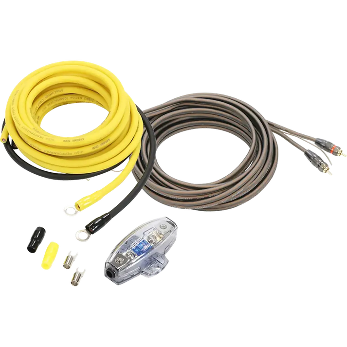 El Ground Zero GZPK 10X-II incluye un cable en espiral amarillo/marrón de 10 mm² con conectores, soporte Mini-ANL, fusible, tapones y cable RCA estéreo para audio de automóvil.