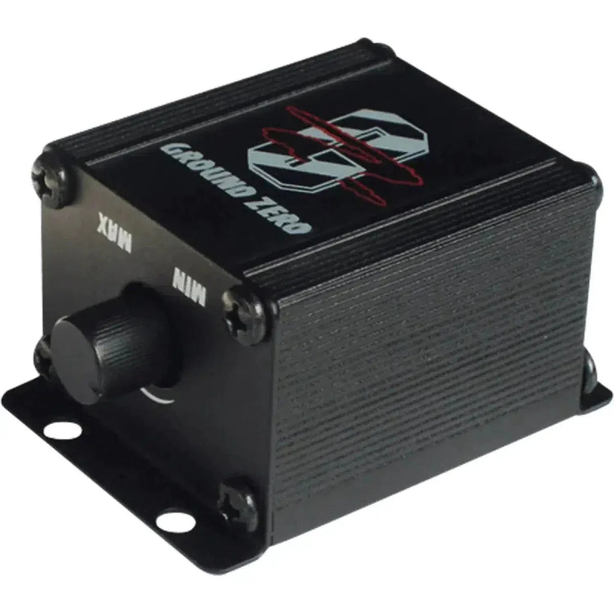Le Ground Zero GZTA Remote est un appareil audio en métal noir avec un bouton Min to Max et quatre vis sur le boîtier.