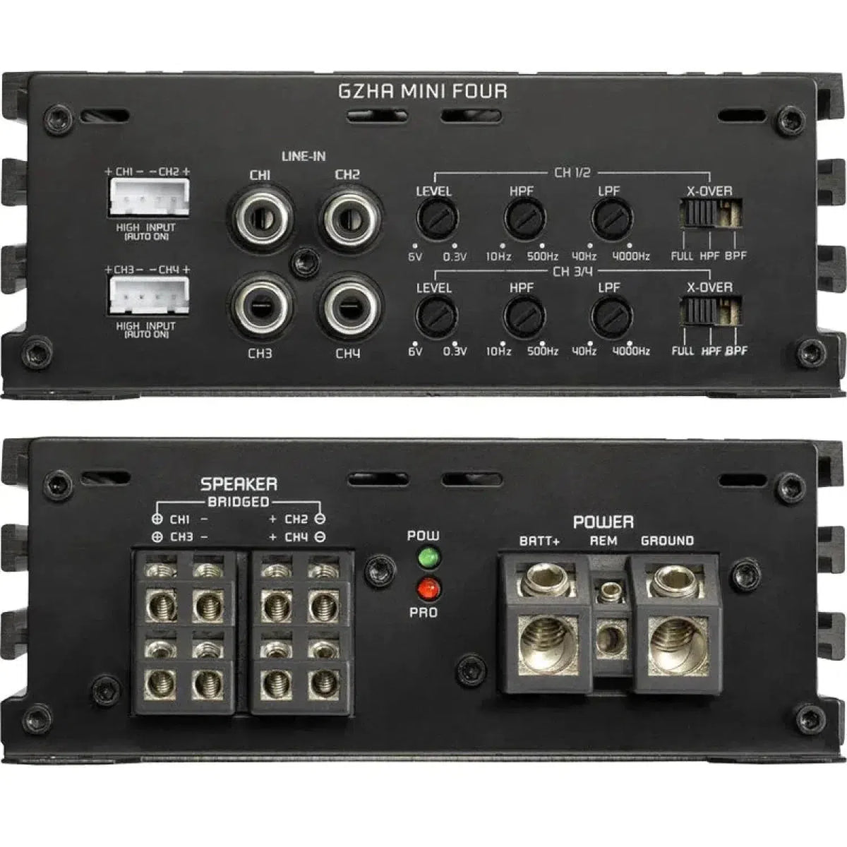 Dos paneles de un amplificador Ground Zero Hydrogen GZHA MINI FOUR de 4 canales, que muestran las tomas de entrada etiquetadas, los mandos de nivel, los interruptores de cruce, las salidas y los terminales de alimentación.