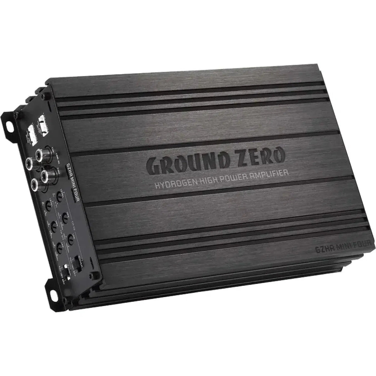 The black Ground Zero Hydrogen GZHA MINI FOUR is a high-power 4-channel Class D amplifier with control knobs and input/output ports on the side.