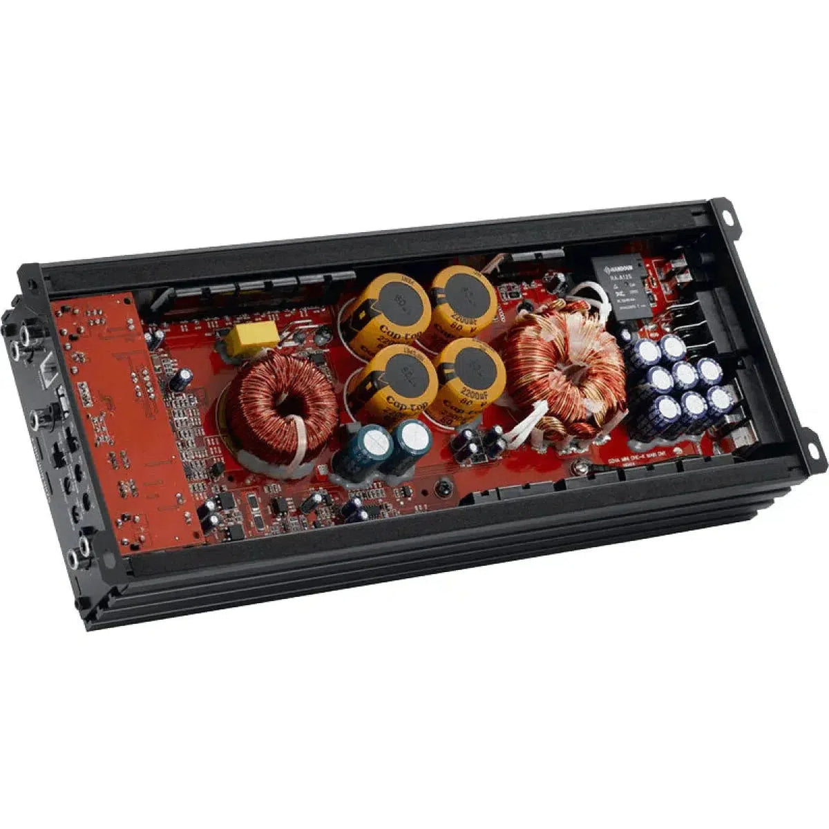 El amplificador Ground Zero Hydrogen GZHA MINI ONE-K, con su carcasa negra abierta, muestra una placa de circuitos roja, bobinas de cobre y condensadores amarillos en su interior.
