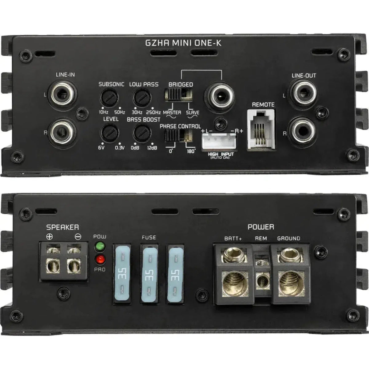 Detalle de los paneles frontal y trasero del Ground Zero Hydrogen GZHA MINI ONE-K, con puertos de audio, mandos de control, ranuras para fusibles y conexiones de alimentación.
